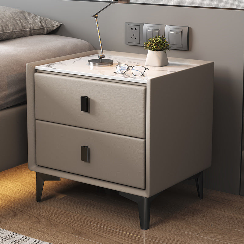 Table de nuit moderne en bois massif à dessus en pierre frittée cubique à 2 tiroirs pour chambre à coucher 