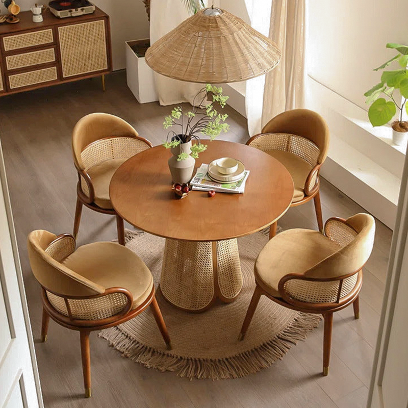 Contemporary Nordic Weaving Ash Wood Rattan Velvet Sponge Round Dining Chair Backrest For Dining Room