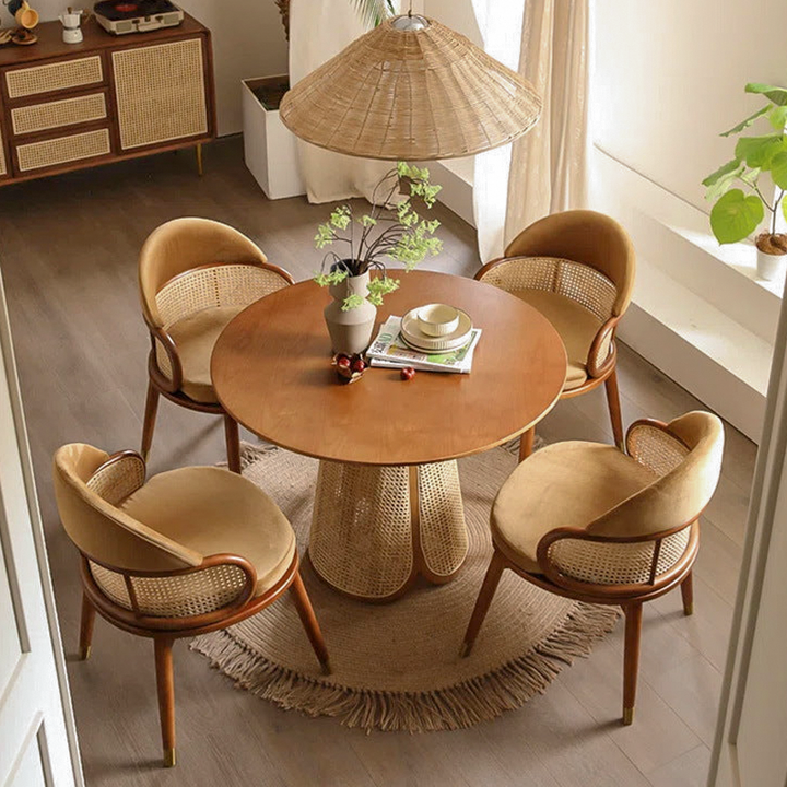 Contemporary Nordic Weaving Ash Wood Rattan Velvet Sponge Round Dining Chair Backrest For Dining Room