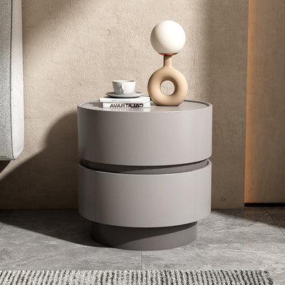 Table de chevet moderne minimaliste en bois massif avec cadre cylindrique à 2 tiroirs pour chambre 