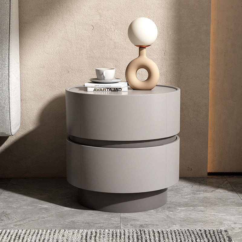 Table de chevet moderne minimaliste en bois massif avec cadre cylindrique à 2 tiroirs pour chambre 