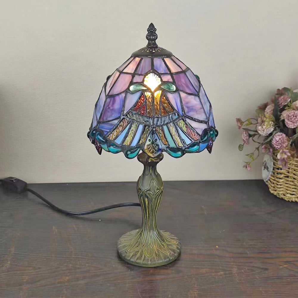 Lampe de table à 1 lumière en verre teinté en zinc à motif de fleurs traditionnelles Tiffany Dome pour chambre 