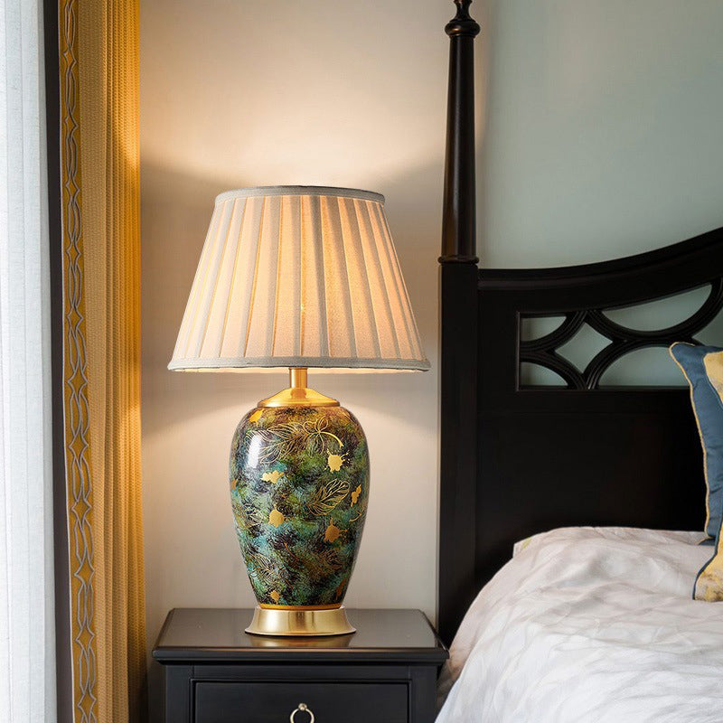 Lampe de Table Moderne en Céramique avec Abat-Jour Plissé Octogonal en Tissu de Luxe pour Chambre à Coucher, 1 Lumière 