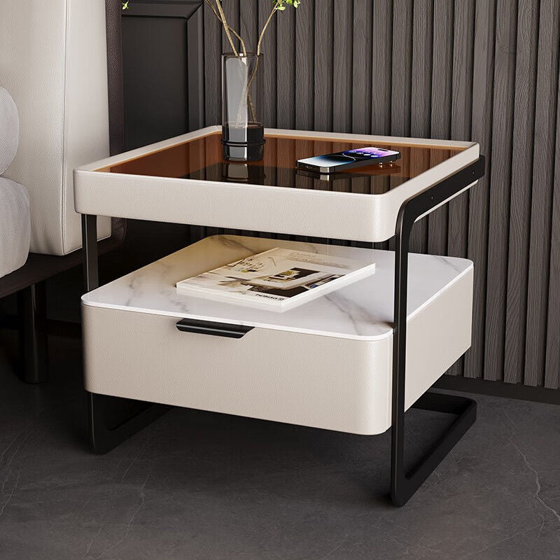 Table de nuit moderne minimaliste rectangulaire en verre renforcé avec dalle de roche et fer, 1 tiroir pour chambre à coucher 