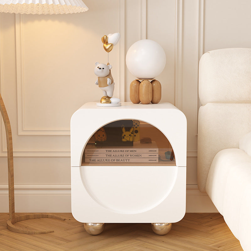 Table de chevet moderne minimaliste carrée en bois massif avec panneau de verre en acier inoxydable à 2 tiroirs pour chambre à coucher 