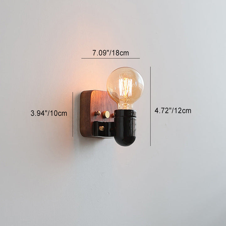 Applique murale 1 lumière avec abat-jour rond en verre céramique vintage traditionnel et base en bois pour chambre 