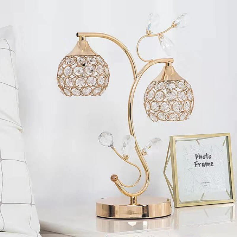 Moderne Art Deco Blumenzweig Design Kristall Eisen 2-Licht Tischlampe für Schlafzimmer 
