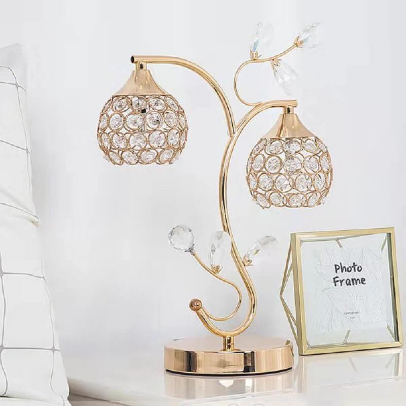 Modern Art Deco Floral Branch Design Crystal Iron 2-Light Table Lamp For Bedroom