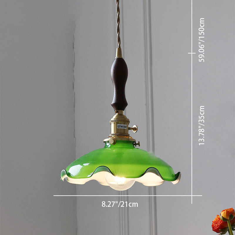 Traditionelle chinesische Blumenrolle Messing Glas 1-Licht Pendelleuchte für Wohnzimmer 