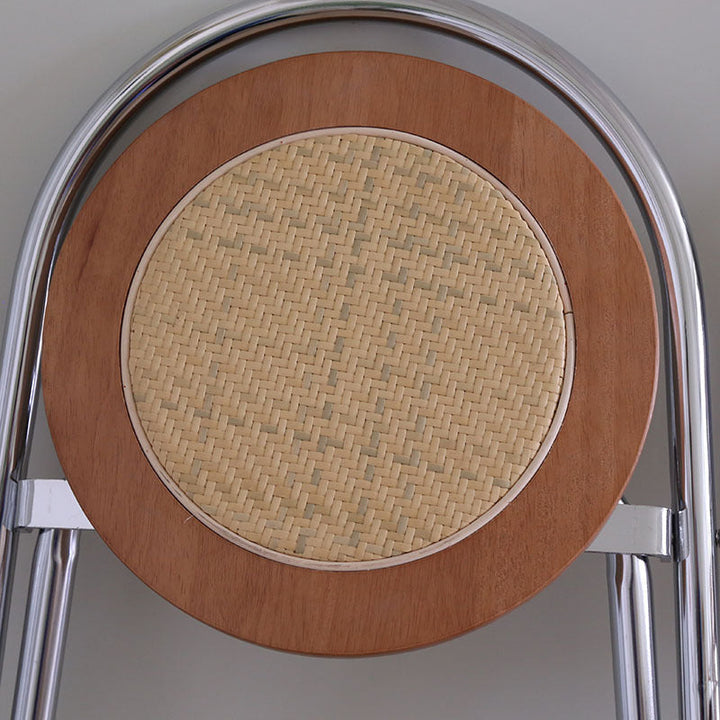 Silla de comedor plegable con respaldo de madera maciza redonda vintage tradicional, ratán sintético y tejido de acero inoxidable para comedor 