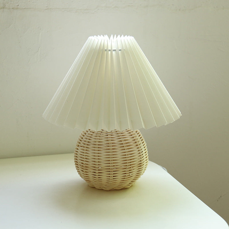 Zeitgenössische Retro Plissee Stoff Runde Keramik Basis 1-Licht Tischlampe für Schlafzimmer