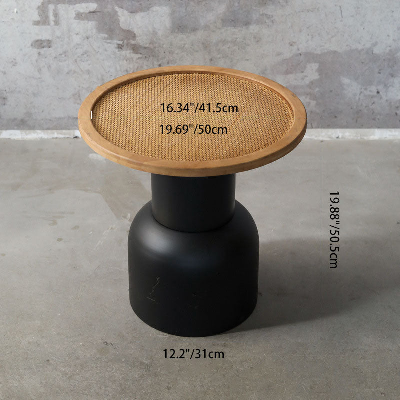 Traditional Vintage Round Rattan Iron Pine Coffee Table 1-Tier For Living Room