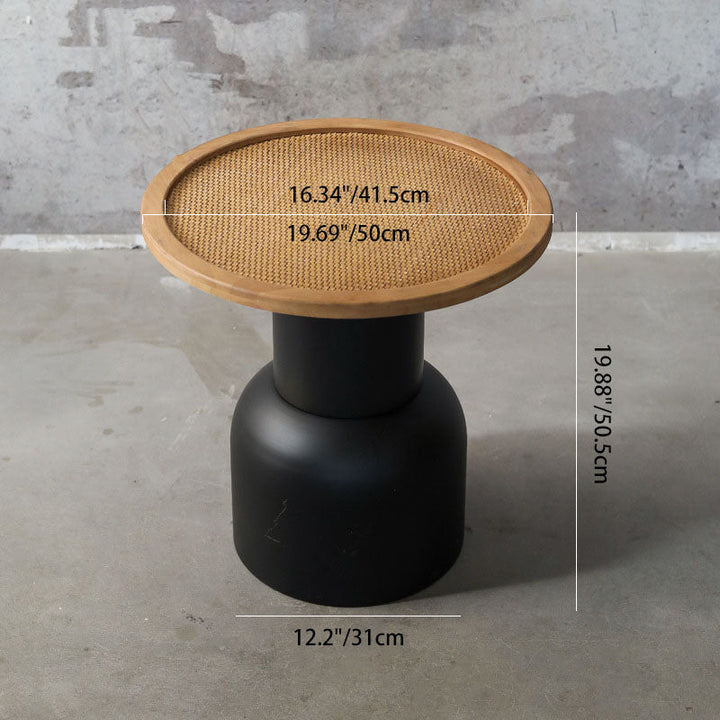 Traditional Vintage Round Rattan Iron Pine Coffee Table 1-Tier For Living Room