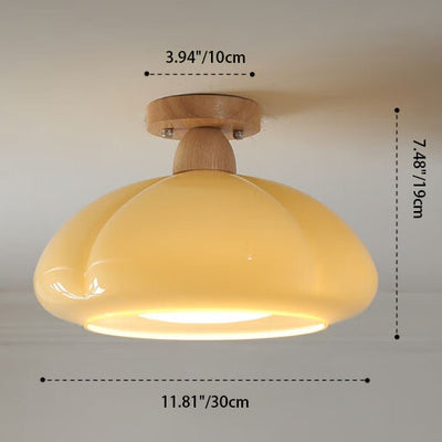 Modern Cream Oval Pumpkin Rubberwood Glass 1-Light Semi-Flush Mount Ceiling Light