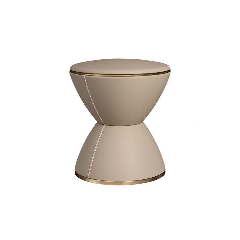 Tabouret bas rond minimaliste moderne en forme de sablier en cuir microfibre et acier inoxydable pour salon 