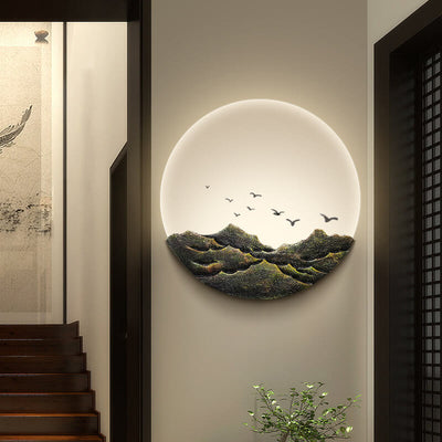 Chinese Classical Three-Dimensional Sculpture Resin Mountain Acrylic Round LED Wall Sconce Lamp