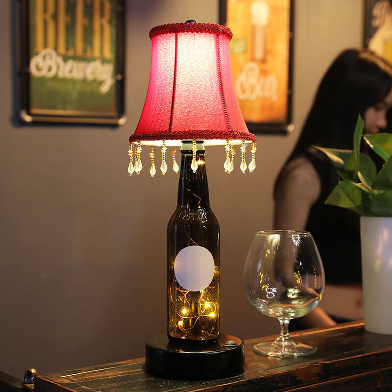 European Creative Fabric Cone Glass Wine Bottle LED Decoration Table Lamp