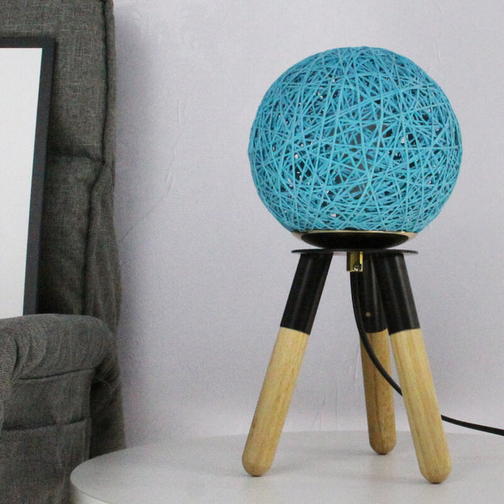 Contemporary Nordic Faux Rattan Ball Wood Metal Tripod 1-Light Table Lamp For Bedroom