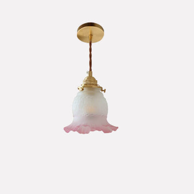 Traditional Japanese Glass Flower Copper 1-Light Pendant Light For Living Room