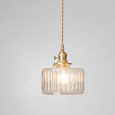 Suspension Luminaire à 1 Lumière pour Salon avec Abat-Jour Cylindrique en Verre Rainuré en Laiton Antique Traditionnel Vintage 