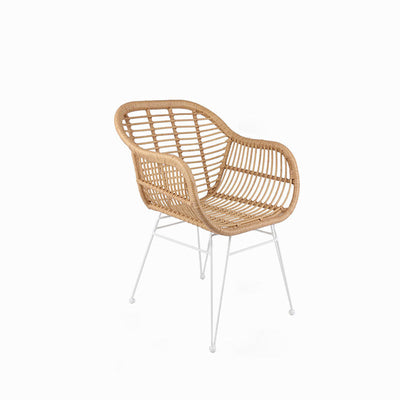 Chaise à dossier et accoudoirs en rotin tissé traditionnel avec base en fer pour terrasse extérieure 