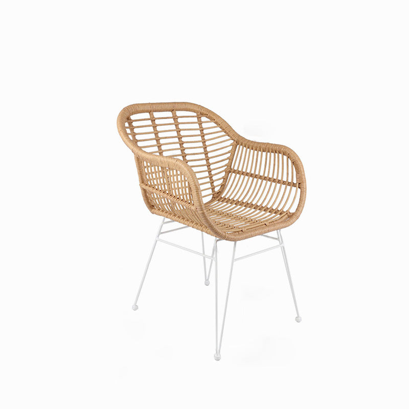 Chaise à dossier et accoudoirs en rotin tissé traditionnel avec base en fer pour terrasse extérieure 