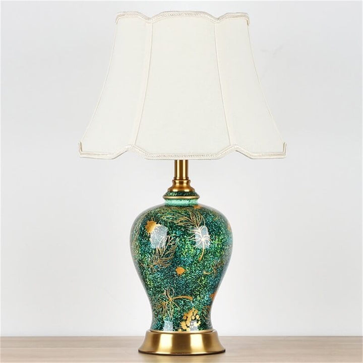 Traditional Vintage Emerald Ceramic Fabric Hardware 1-Light Table Lamp for Bedroom