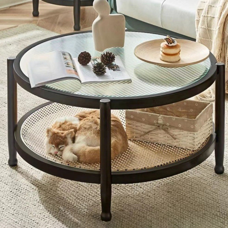 Modern Minimalist Round Horizontal Strip Glass Plastic Rattan Rubberwood Coffee Table 2-Tier For Living Room