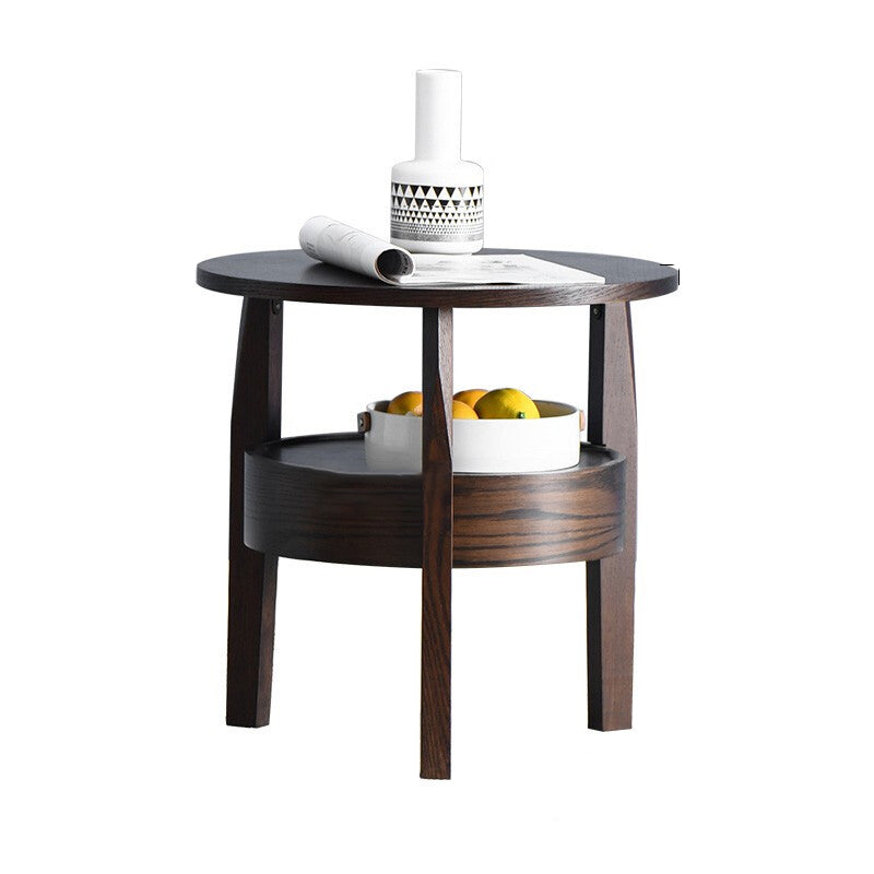 Mesa auxiliar redonda contemporánea, retro y vintage de madera de caucho, madera de pino y contrachapado con cajón de 2 niveles para sala de estar 