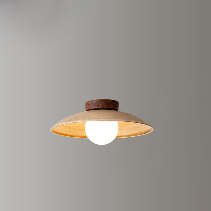 Traditional Japanese Woodgrain Disc Glass Shade 1-Light Semi-Flush Mount Ceiling Light For Hallway