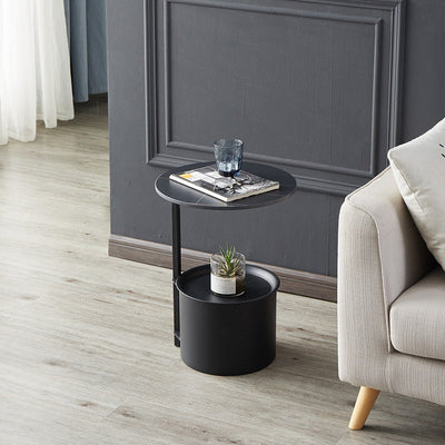 Table d'appoint moderne minimaliste ronde en fer avec plateau en pierre - 1 rangement pour salon 