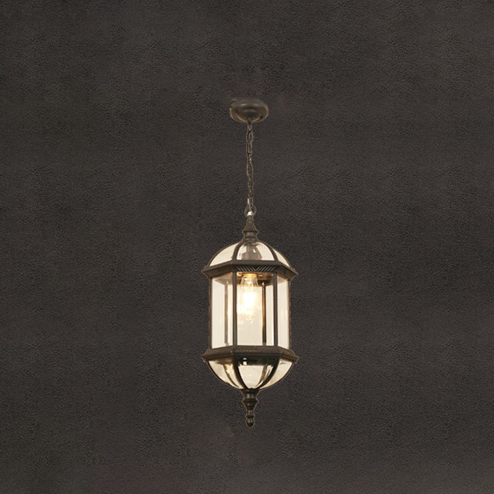 Zeitgenössische Retro sechseckige Laterne Glas Aluminium 1-Licht wasserdichte Pendelleuchte für Terrasse im Freien 