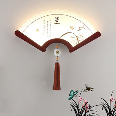 Applique murale LED avec abat-jour en acrylique festonné traditionnel chinois, éléments de plante, bord en bois pour salon 