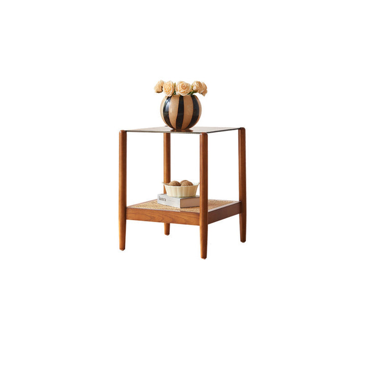 Table de bout en verre à deux niveaux en bois de frêne carré tissé traditionnel japonais pour salon 