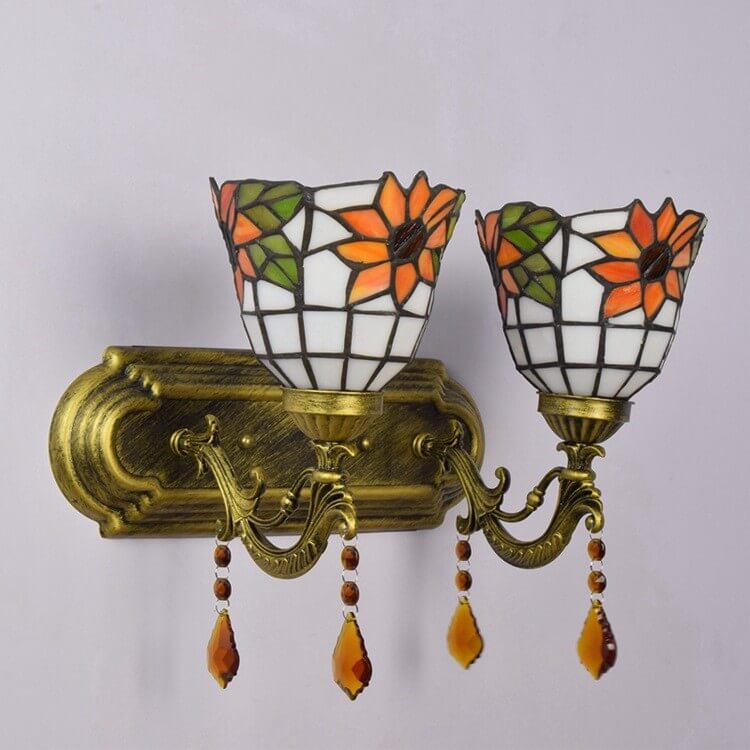European Vintage Tiffany Sun Flower Glass Metal Resin 1/2-Light Wall Sconce Lamp
