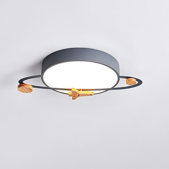 Contemporary Scandinavian Iron Acrylic Wood Round Planet Design LED Kids Flush Mount Ceiling Light For Bedroom