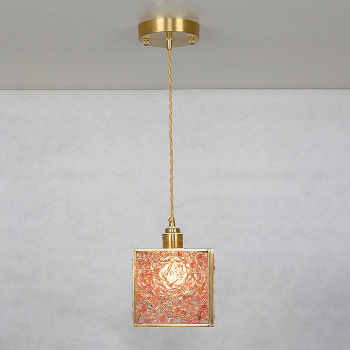 Suspension Luminaire 1-Lumière Moderne de Luxe Carré Cube Cadre en Or Cuivre Abat-jour en Verre Pour Salon 