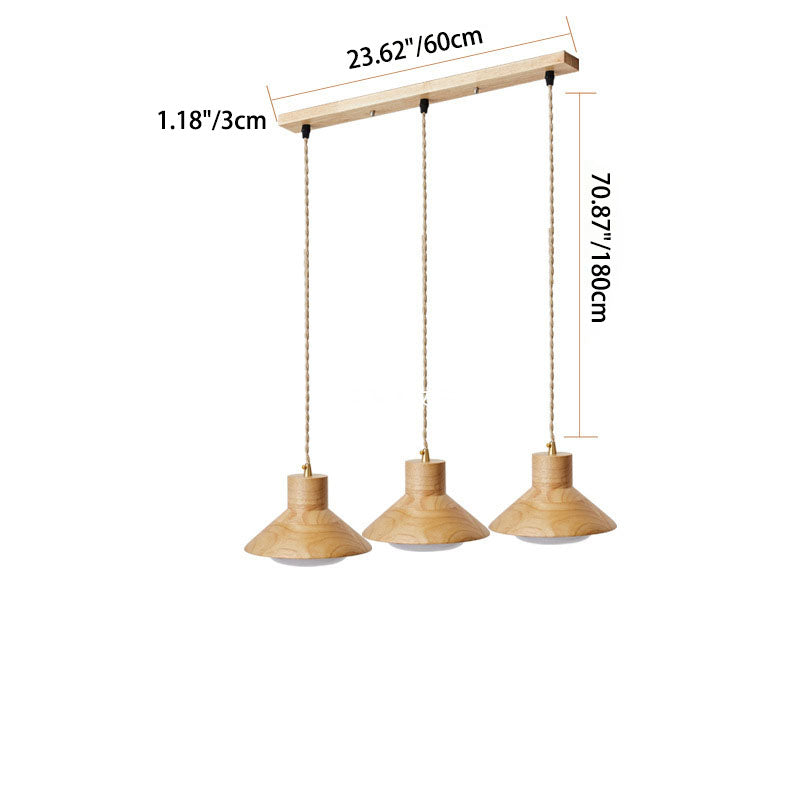 Bol japonais traditionnel en bois de caoutchouc conique 1/2/3 lumière suspension lustres pour salle à manger 
