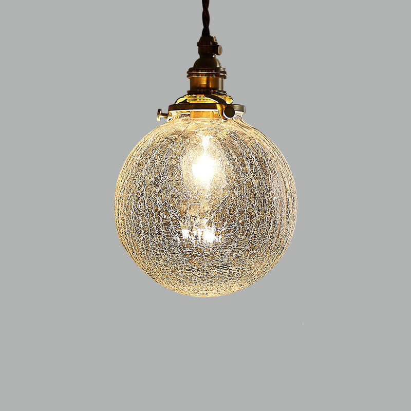 Japanese Vintage Round Crackle Glass Brass 1-Light Pendant Light