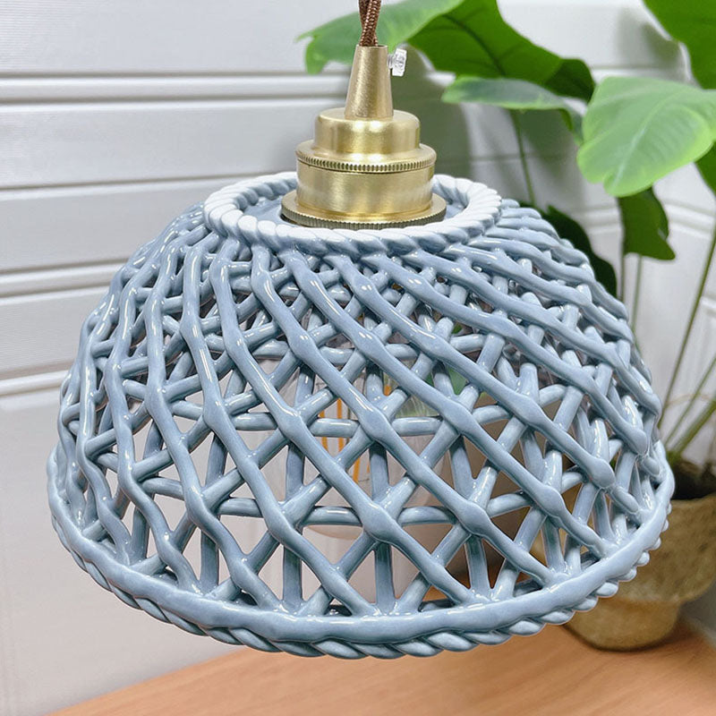 Contemporary Coastal Handmade Ceramic Hollow Semicircle Shade 1-Light Pendant Light For Living Room