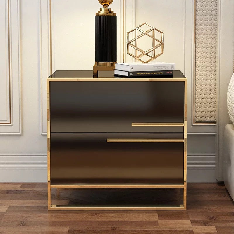 Table de nuit moderne en bois massif cubique avec cadre en acier inoxydable à 2 tiroirs pour chambre 