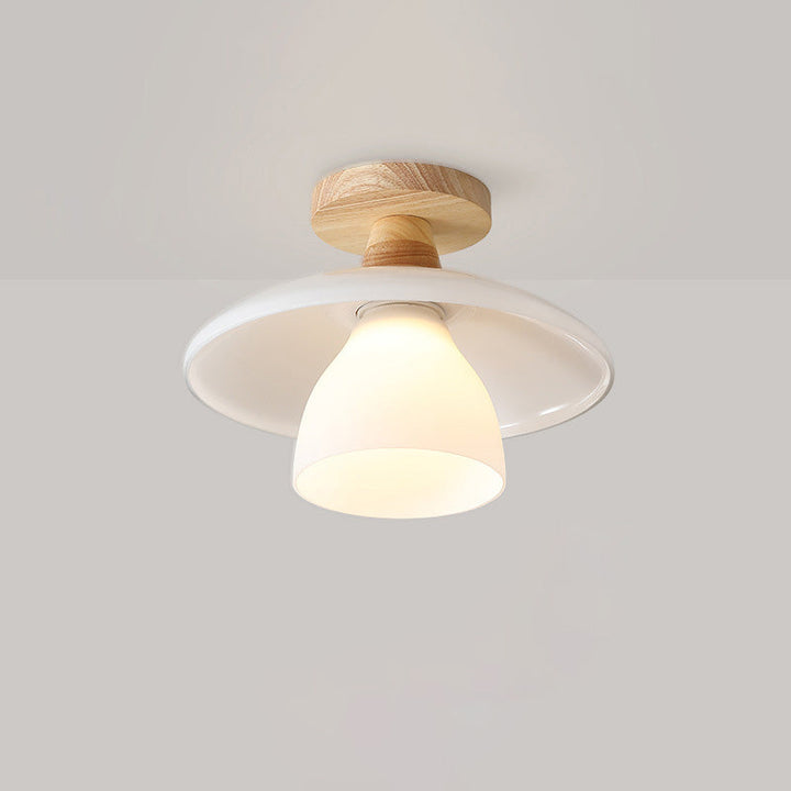 Plafonnier Semi-Encastré à 1 Lumière en Verre Rond Minimaliste Moderne avec Bois pour Salon 