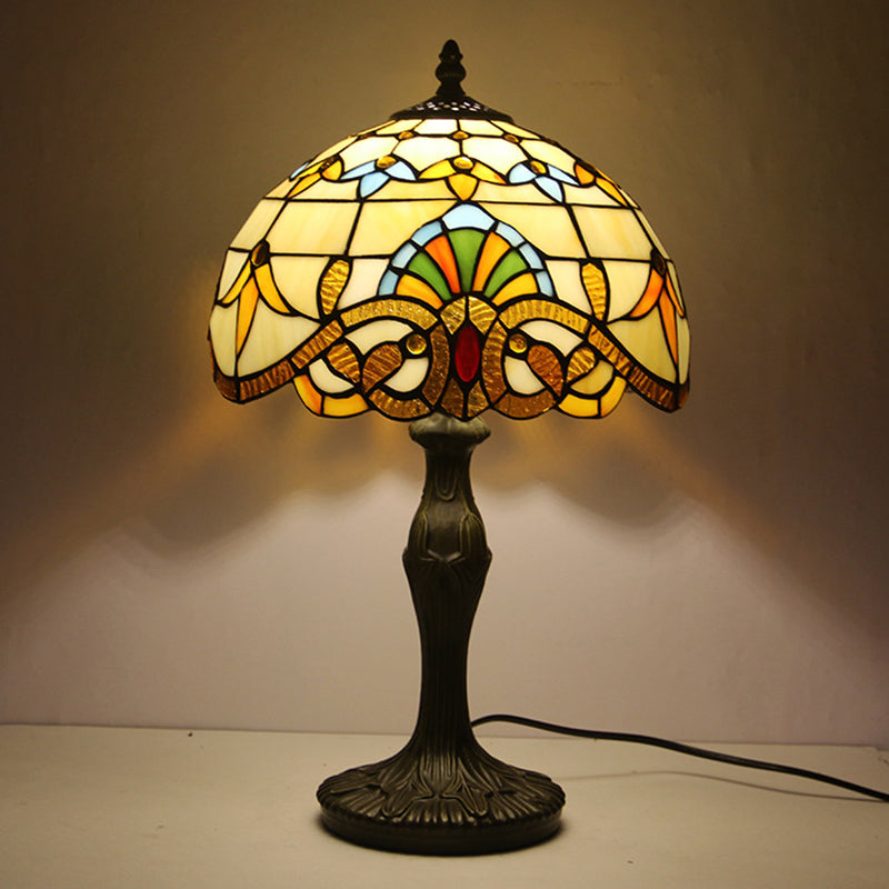 Traditional Tiffany Vintage Stained Glass Dome Aolly Base 1-Light Table Lamp For Home Office