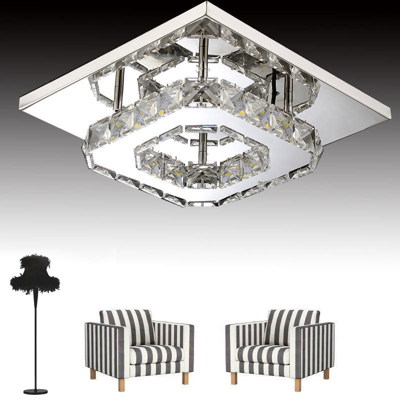 Lustre carré contemporain en acier inoxydable de luxe avec décoration en cristal LED pour plafond encastré pour salon 