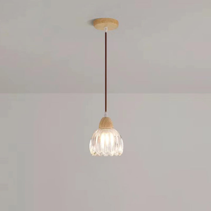 Traditional Japanese Rubber Wood Glass Flower 1-Light Pendant Light For Dining Room