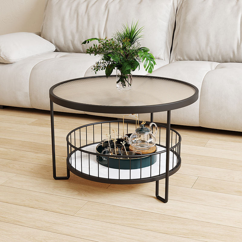 Modern Minimalist Round Tabletop Metal Tempered Glass Coffee Table 1-Shelf For Living Room