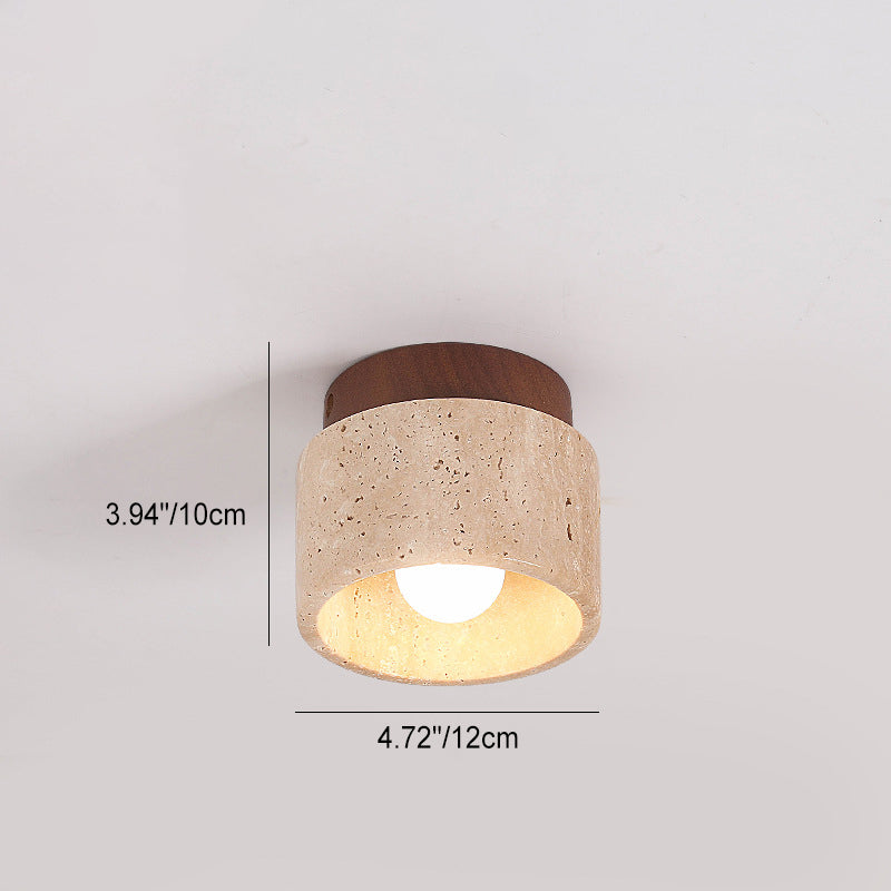 Japanese Wabi-Sabi Yellow Travertine Column Wood 1-Light Semi-Flush Mount Ceiling Light