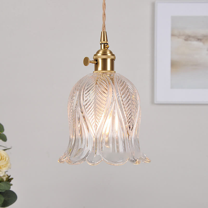 Japanese Vintage Floral Glass Cone Brass 1-Light Pendant Light