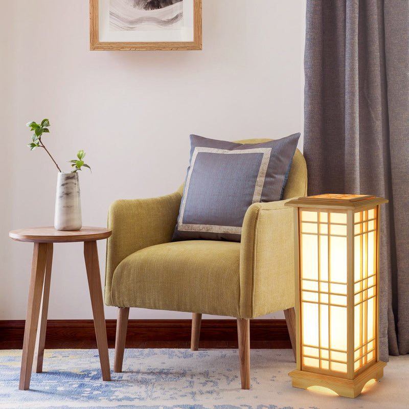 Traditional Japanese Wood Acrylic Pillar Rectangular 1/2/3 Light Standing Floor Lamp For Bedroom