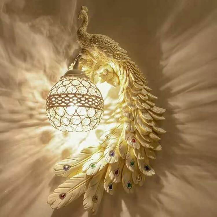 Vintage Ornate Resin Long Tail Peacock Crystal Ball Shade 1-Light Wall Sconce Lamp